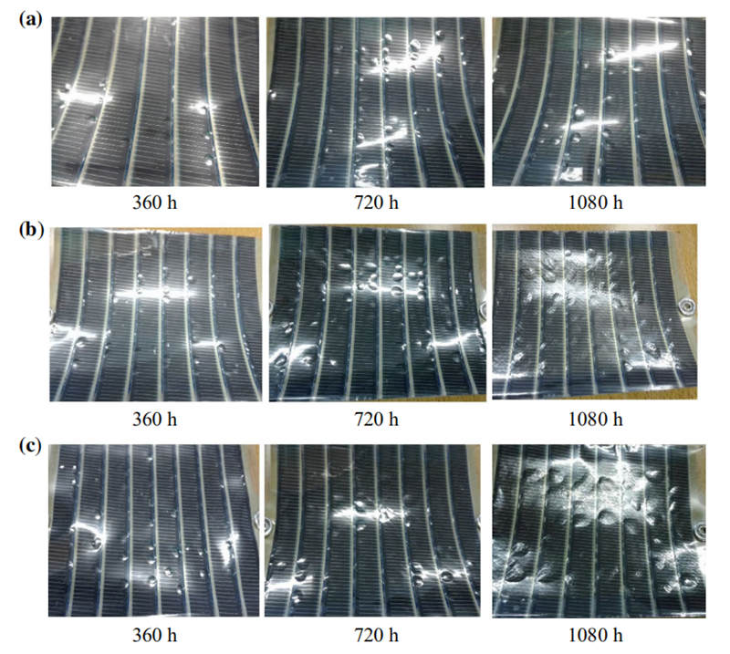 隨著在QUV紫外老化試驗(yàn)箱中進(jìn)行老化測試時(shí)間的推移，OSCs產(chǎn)生氣泡狀和顏色發(fā)生變化